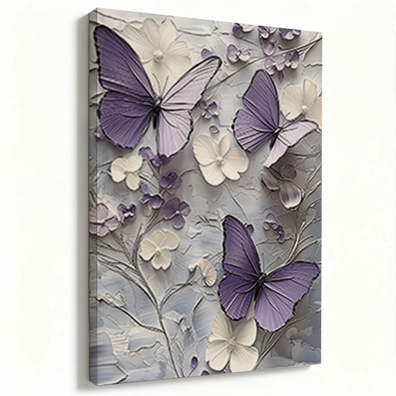 Framed Canvas Wall Art – Purple Butterflies and Floral Design – 2D Printed on Stretched Canvas – Multiple Sizes Available