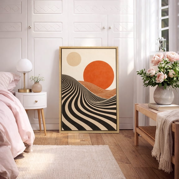 Framed Canvas Wall Art Retro Sun Wave Abstract Print for Mid Century Modern Living Room Decoration - 16"x24" NATURAL