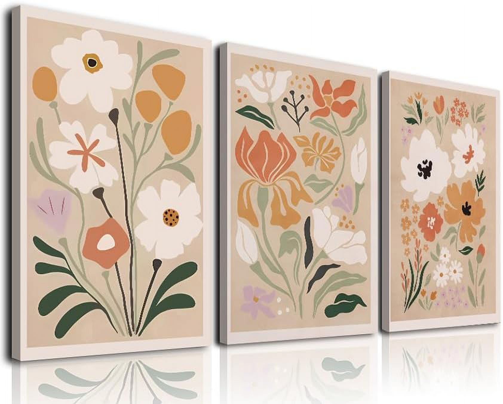 Framed Canvas Wall Art Set of 3, Minimalist Abstract Flower Floral Wall ...