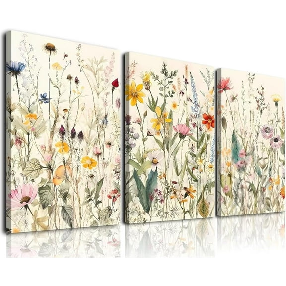 Framed Canvas Wall Art Set of 3, Minimalist Flower Floral Wall Art Farmhouse Decor, Boho Style Wall Decor Watercolor Wildflower Paintings, Modern Colorful Botanical Flower Art Print for Bathroom,