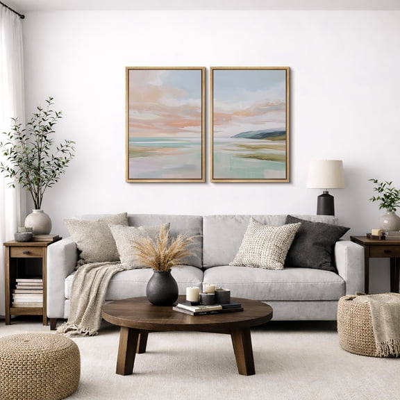 Framed Canvas Wall Art Set of 2 Spring Abstract Landscape Prints for Living Room Decoration - 16"x24"x2 NATURAL