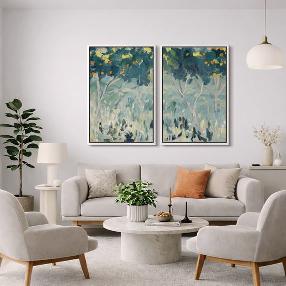 Framed Canvas Wall Art Set of 2 Vintage Trees Landscape Prints for Living Room Decoration - 16"x24"x2 WHITE