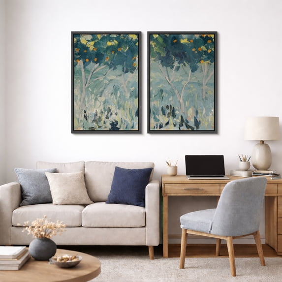 Framed Canvas Wall Art Set of 2 Vintage Trees Landscape Prints for Living Room Decoration - 24"x36"x2 BLACK