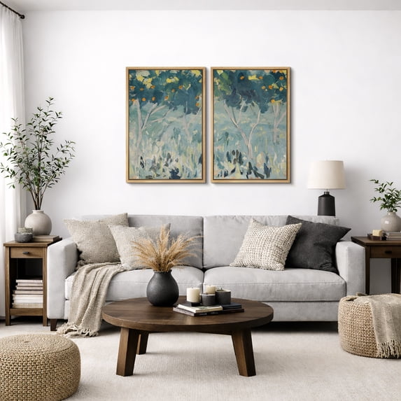 Framed Canvas Wall Art Set of 2 Vintage Trees Landscape Prints for Living Room Decoration - 24"x36"x2 NATURAL