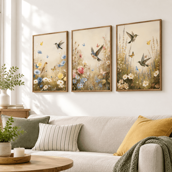 Framed Canvas Wall Art Set of 3 Floral Bird Botanical Prints for Home ...