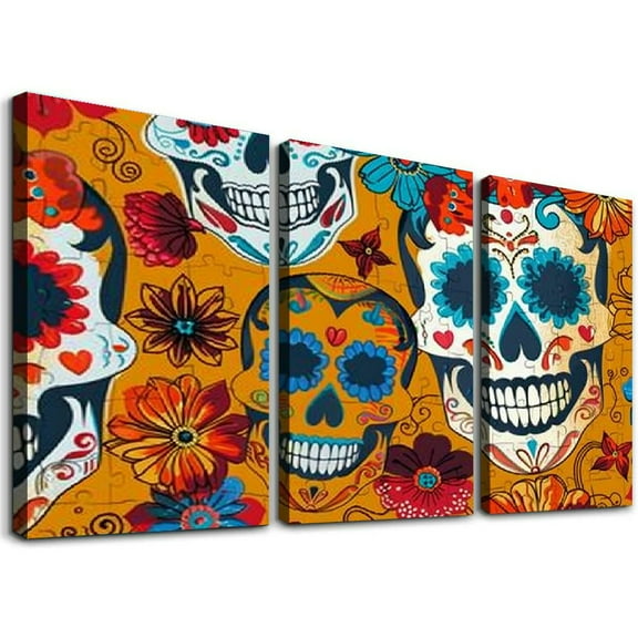 Framed Canvas Wall Art, Skull Head Flower Canvas Artwork for Home Office Living Room Decoration, Ready to Hang Canvas Wall Decor