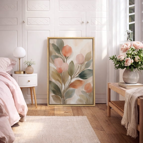 Framed Canvas Wall Art Soft Neutral Tulip Floral Print for Living Room Decoration - 16"x24" NATURAL
