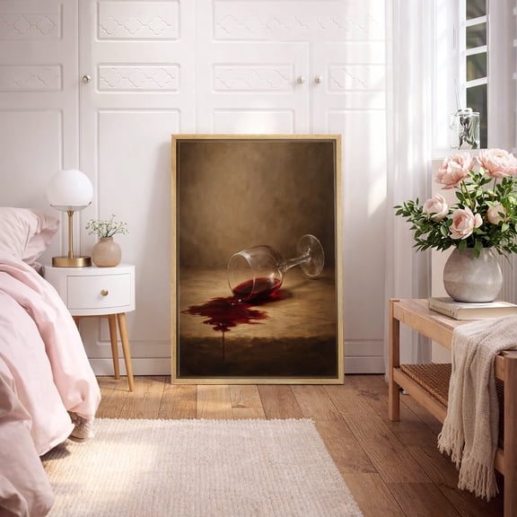 Framed Canvas Wall Art Spilled Wine Glass Still Life Print for Kitchen Decoration - 16"x24" NATURAL