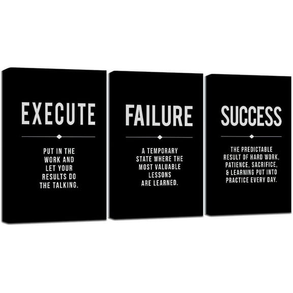 Framed Canvas Wall Art Success Quote For Office, Black Large Positive Motivational Poster, Set of 3, Execute Failure Definition, Inspirational Print (A-3pcs,12x16inchx3pcs)