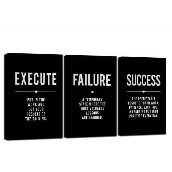 Framed Canvas Wall Art Success Quote For Office, Black Large Positive Motivational Poster, Set of 3, Execute Failure Definition, Inspirational Print (A-3pcs,12x16inchx3pcs)