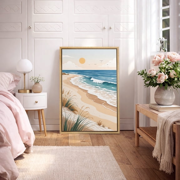 Framed Canvas Wall Art Sunset Beach Coastal Seascape Print for Living Room Decoration - 16"x24" NATURAL