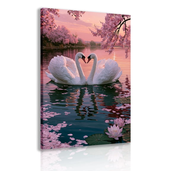 Framed Canvas Wall Art: Two Swans Forming a Heart Shape Beneath Lakeside Cherry Blossoms at Sunset — Romantic Lake View Art Poster, Dreamy Pastel Bedroom Home Decor