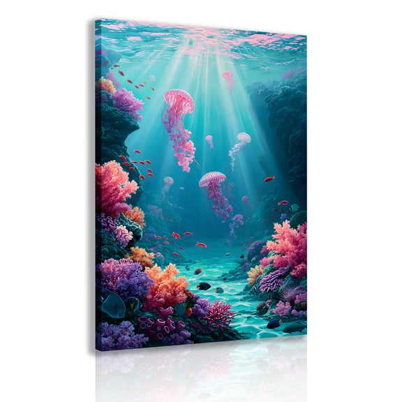 Framed Canvas Wall Art: Underwater Coral Reefs, Tropical Fish, and Jellyfish; Vivid Marine Life Posters, Mysterious Deep Sea, Coastal & Nautical Home Decor
