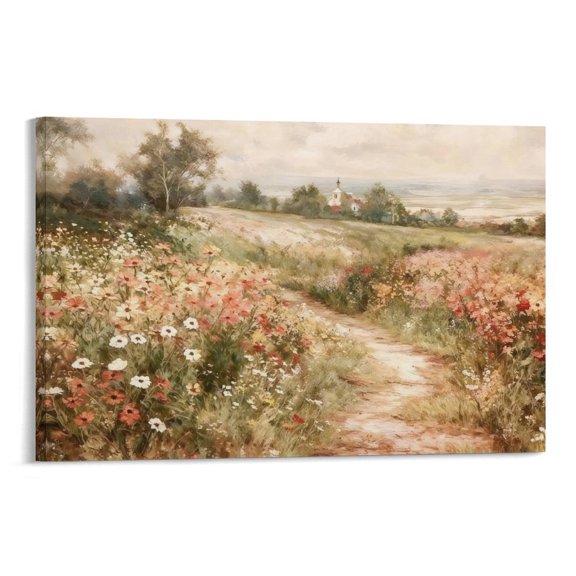 Framed Canvas Wall Art,Vintage Decor,Landscape Nature Country Wildflower Paintings Farmhouse Pictures Modern Artwork Rustic Fall Flower Prints Cottagecore Office Living Room Bedroom Bathroom