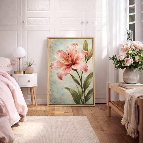 Framed Canvas Wall Art Vintage Pink Lily Floral Print for Living Room Decoration - 16"x24" NATURAL