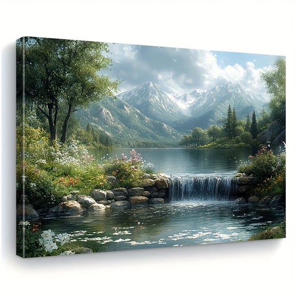 Framed Canvas Wall Art - Waterfall & Floral Landscape Painting with Snow-Capped Mountains, Wooden Frame Nature Decor for Living Room, Bedroom,