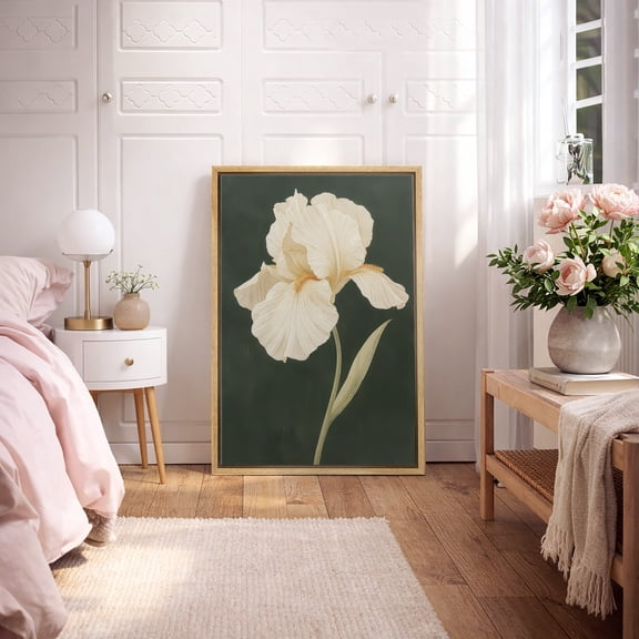Framed Canvas Wall Art White Iris Botanical Print for Living Room Decoration - 16"x24" NATURAL
