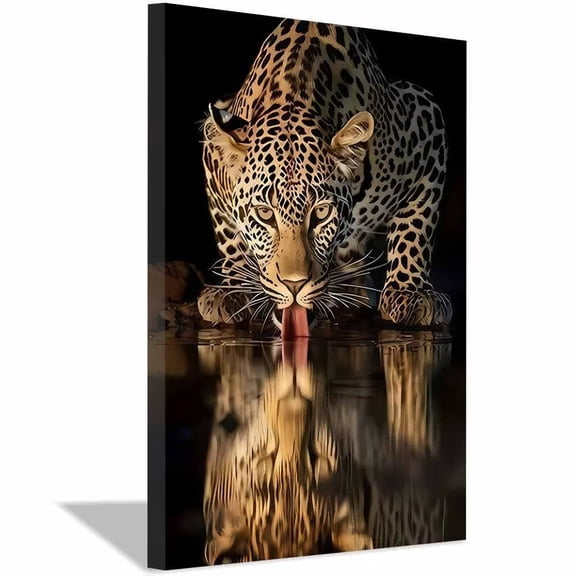 Framed Canvas Wall Art Wildlife Cheetah Drinking Water Reflection Leopard Wall Decor Modern Art Print for Living Room Bathroom Decor. - 12"L x 8"W