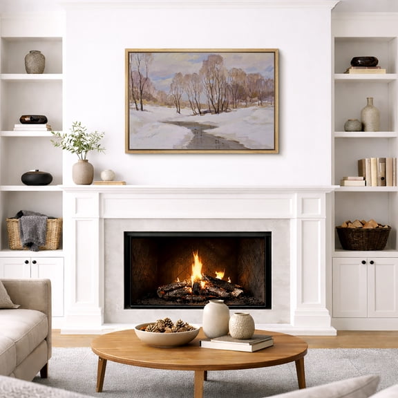 Framed Canvas Wall Art Winter Snow River Landscape Print for Living Room Decoration - 16"x24" NATURAL