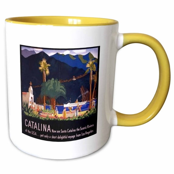 3drose, Framed Catalina Travel Poster, 11oz Two-tone Yellow Mug