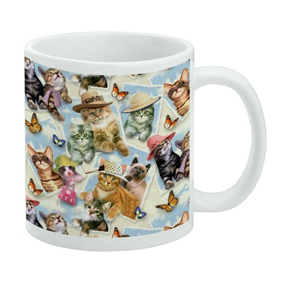 Framed Cats Kittens in Hats Butterflies Pattern White Mug
