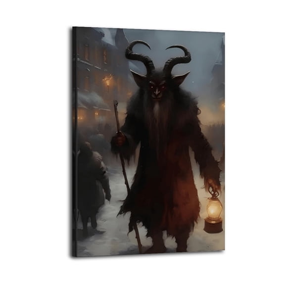 Framed Christmas Devil Krampus with Lamp,Indoor Halloween Home Decor,Ready to Hang Poster