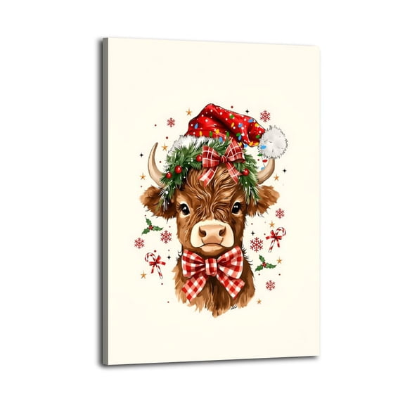 Framed Christmas Highland Cow Wall Art With Wooden Poster, Highland Cow Wall Decor,Holiday Home Decor for Living Room Office Farmhouse Christmas Decoration,Ready to Hang Christmas Art