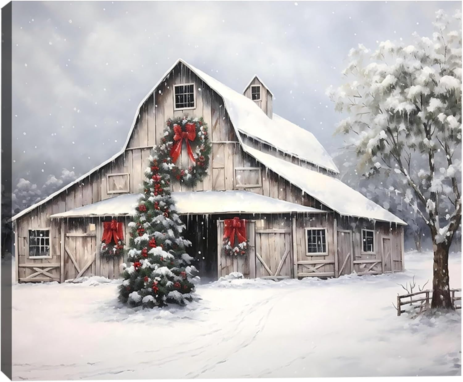 Framed Christmas Wall Art, Farmhouse Barn Pictures Wall Decor Winter snow Scene Canvas Painting Print Home Artwork Decorations for Bathroom Living Room Bedroom