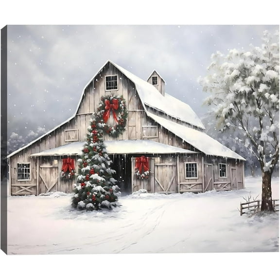 Framed Christmas Wall Art, Farmhouse Barn Pictures Wall Decor Winter snow Scene Canvas Painting Print Home Artwork Decorations for Bathroom Living Room Bedroom