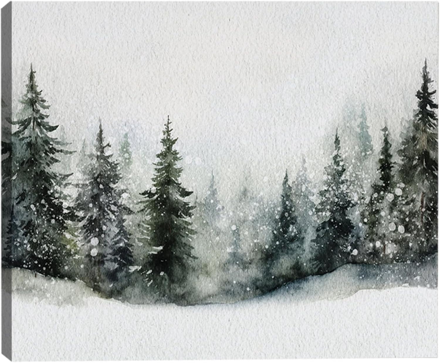 Framed Christmas Wall Art, Pine Tree Artwork Christmas Decoration Indoor, Rustic Landscape Snow Winter Forest Painting Canvas Print Wall Picture for Living Room Decor