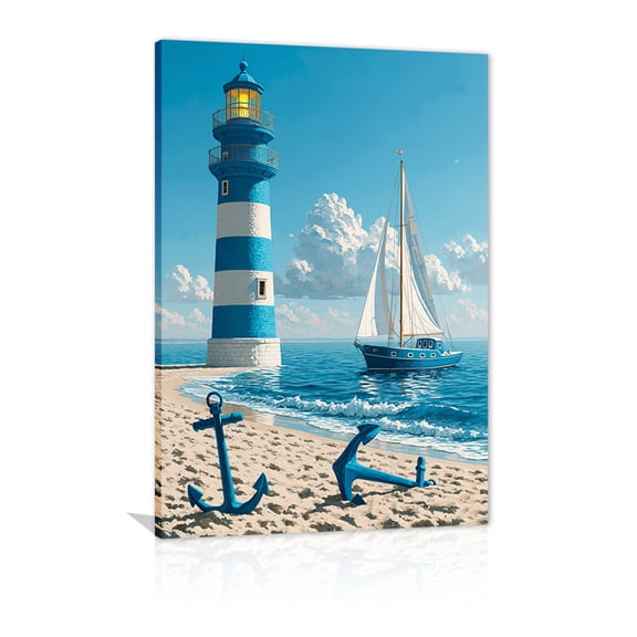 Framed Coastal Lighthouse and Sailboat Canvas Wall Art – Beach and Anchor Print – Suitable for Living Room, Bathroom, and Bedroom Decor