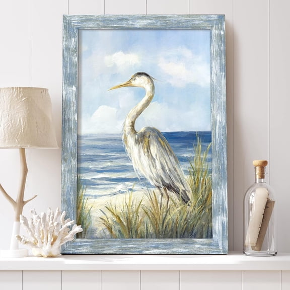 Framed Coastal Sea Bird Wall Art - 24x16" Wooden Ocean Scene Painting for Bedroom Bathroom Living Room Home Office Decor