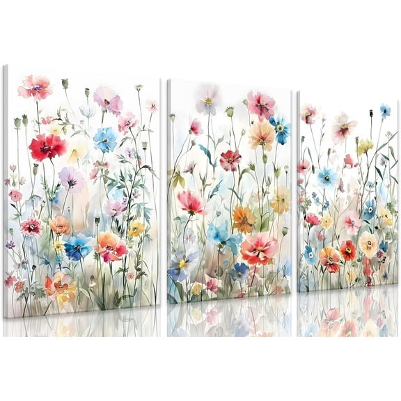 Framed Colorful Wildflower Canvas Wall Art Set Of 3 Flowers Pictures Prints Flowers Printing Floral Watercolors Flower wall Decor Living Room Girls Bedroom Bathroom