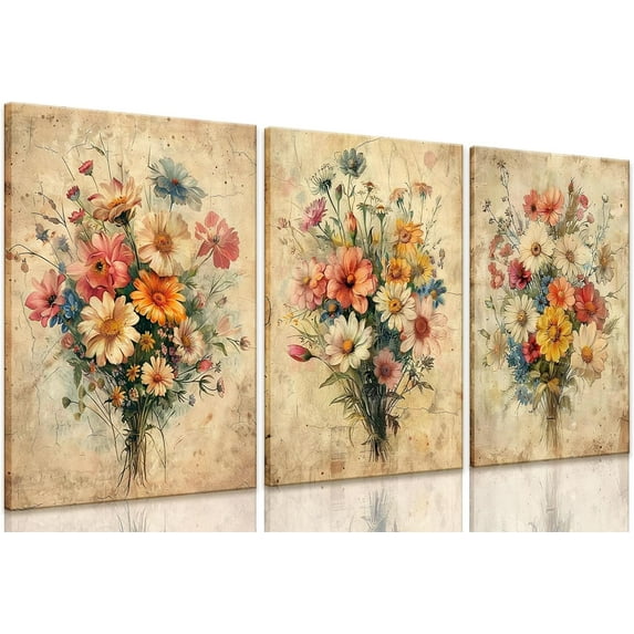 Framed Colorful Wildflower Canvas Wall Art Set Of 3 Flowers Pictures Prints Flowers Printing Floral Watercolors Flower wall Decor Living Room Girls Bedroom Bathroom