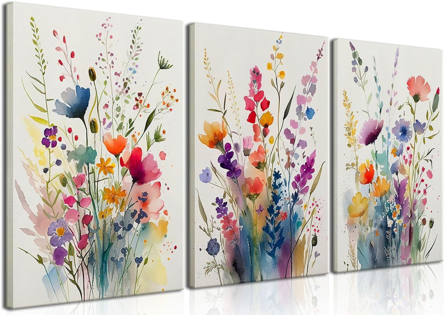 Colorful Wildflower Watercolor Canvas Wall Art Set