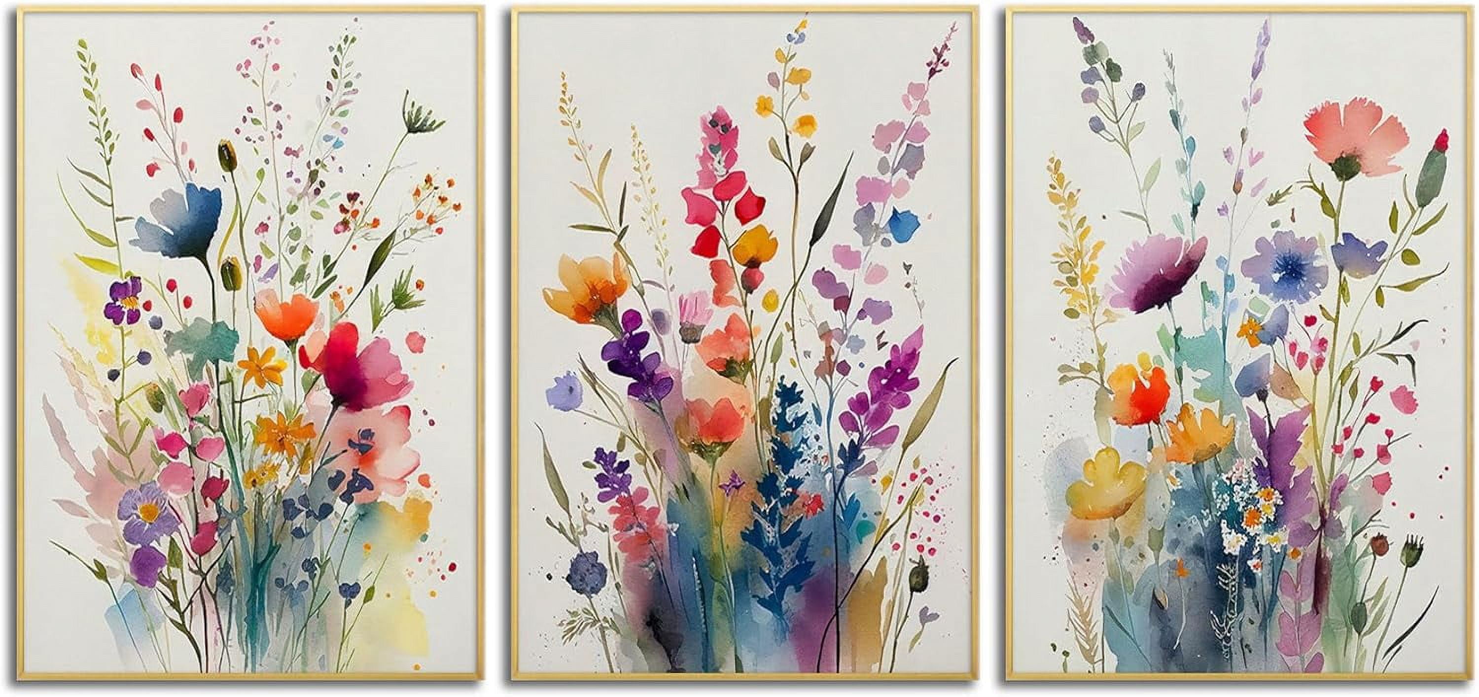 Colorful Wildflower Watercolor Canvas Wall Art Set