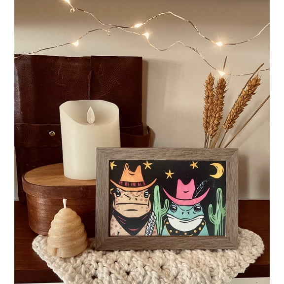 Framed Cowboy Frog Print, Ready To Hang 4"x6" Wall Print Whimsical Funny Colorful Toad And Frog Wearing Cowboy Hats With Cacti Art Poster Poster, Poster Only