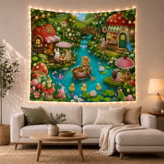 Framed Cute Animals with Forest Village Around, Playful Illustration for Animal Lovers, Aesthetic Wall Decor, Mother'S Day Gift, Tapestry Wall Hanging for Dorm and Living Room