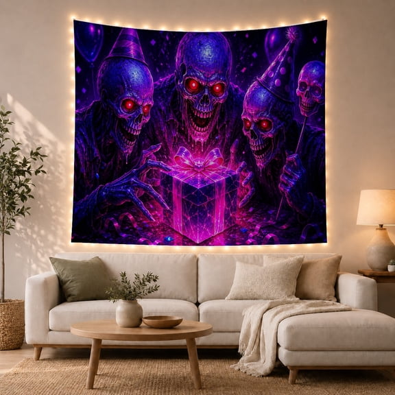 Framed Cute Animals with Grotesque Skeleton Figures Arranged, Playful Surreal for Animal Lovers, Cute Animal Wall Decor, Halloween Gift, Tapestry Wall Hanging for Bedroom and Dorm
