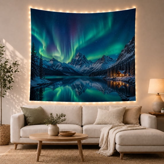 Framed Cute Animals with Nocturnal Display Aurora Borealis, Mystical Fantasy for Space Lovers, Galaxy Room Decor, Christmas Gift, Tapestry Wall Hanging for Bedroom and Dorm
