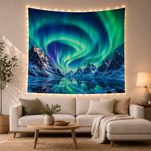 Framed Cute Animals with Stunning Nocturnal Aurora Borealis, Mystical Fantasy for Space Lovers, Galaxy Room Decor, Christmas Gift, Tapestry Wall Hanging for Bedroom and Dorm