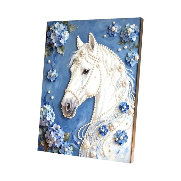 Framed DIY Pearl Gem Painting Kit 28×37cm, Adult Beginner Diamond Bead Art Craft Set, Multiple Pattern Options Home Wall Hanging Decor & Handmade Gift, Elegant White Horse Portrait Home Decor Style
