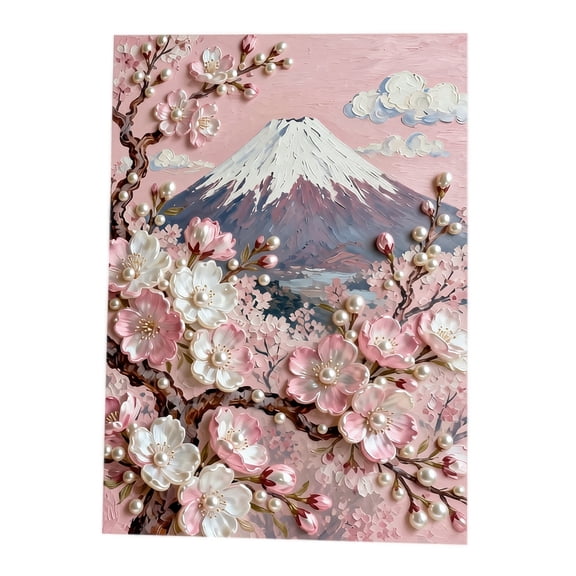 Framed DIY Pearl Gem Painting Kit 28×37cm, Adult Beginner Diamond Bead Art Craft Set, Multiple Pattern Options Home Wall Hanging Decor & Handmade Gift, Romantic Cherry Blossom Mountain Wall Art