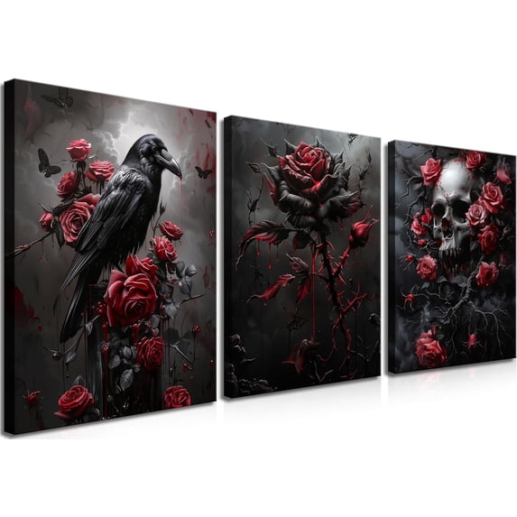 Framed Dark Gothic Canvas Wall Art Set of 3, Creepy Witchy Halloween Wall Decor Paintings, Crow and Skull Goth Aesthetic Posters Prints for Living Room Bedroom Bathroom Home Decor 12x16In