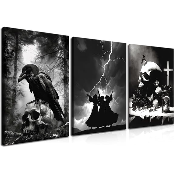 Framed Dark Gothic Canvas Wall Art Set of 3, Creepy Witchy Halloween Wall Decor Paintings, Crow and Skull Goth Aesthetic Posters Prints for Living Room Bedroom Bathroom Home Decor 12x16In