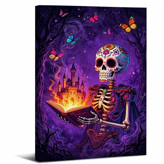 Framed Dead Skeleton Canvas Wall Art,Sugar Skull Reading Magic Book abstract canvas print for bathroom bedroom living room decor,20x30in