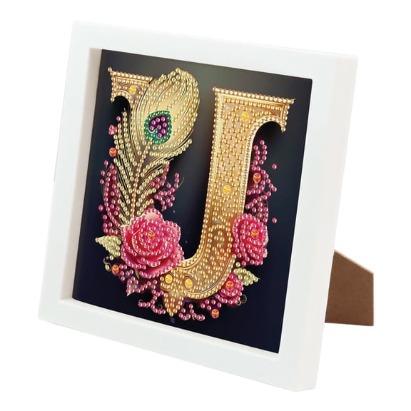 Framed Diamond Painting Kit, Feather Rose Letter U Special Design Creative Diamond Painting, Suitable for Home Decor and Gifts 6.69 x 6.69in