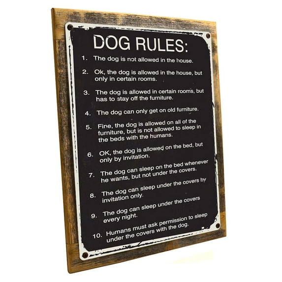 Framed Dog Rules 9"x12" Metal Sign, Wall Decor for Office or Meeting Room, Hand-Crafted from reclaimed materials