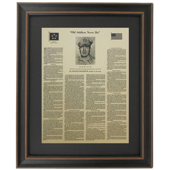 Framed Douglas MacArthur Speech, Old Soldiers Never Die. Replica Prints by Patriot Gear Company