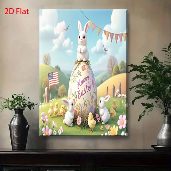 Framed Easter Bunny & Egg Wall Art - Pastel Spring Mural with Happy Chicks, Bunnies & Flag-like Flags, Room Decor, Easy-to-Hang Wrapped Canvas Painting for Easter Egg Hunt Party Decoration, 2D Flat